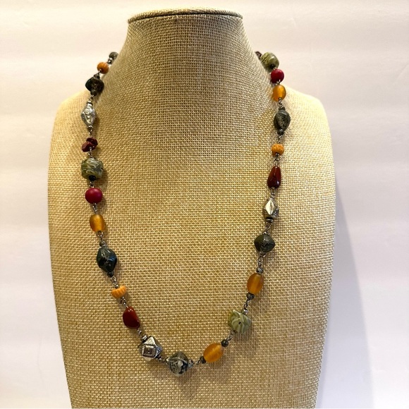 Multi-color Boho Genuine Gemstone & Glass beaded Necklace red, green, yellow - Picture 1 of 11